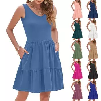Women s Summer Fashion Casual V-neck Pleated Patchwork Solid Color Sleeveless Pocket Vest Dress XXL