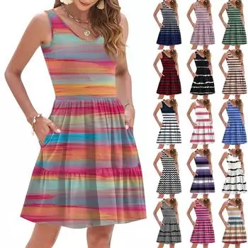 Women s Summer Fashion Casual V-neck Pleated Patchwork Striped Print Sleeveless Pocket Vest Dress M