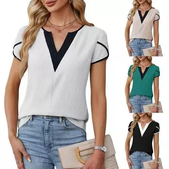 Women s Summer Fashion Color Matching V-neck Petals Short-sleeved Shirt Top S белый