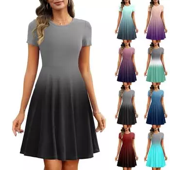 Women s Summer Fashion Short Sleeve With Pockets Gradient Printed Ribbed Basic Dresses S синий