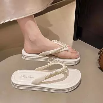 Women s Summer Fashion Slippers New Style Beaded Soft Sole Non-slip Wear-resistant Casual Versatile Flip Flops 36