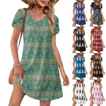 Women s Summer Fashion V-Neck Loose Dress Petal Short Sleeve Vintage Printed Beach Dresses XL чёрный