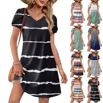 Women s Summer Fashion V-Neck Loose Dress Petal Short Sleeve Striped Printed Beach Dresses L коричневый