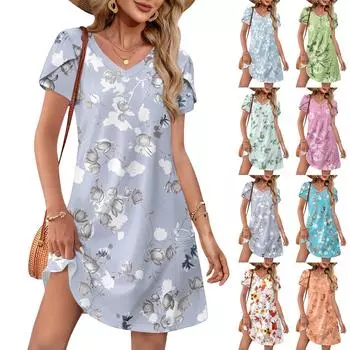 Women s Summer Fashion V-Neck Loose Dress Petal Short Sleeve Floral Print Beach Dresses L оранжевый