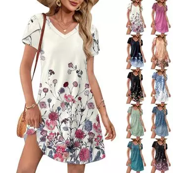 Women s Summer Fashion V-Neck Loose Dress Petal Short Sleeve Floral Print Beach Dresses S