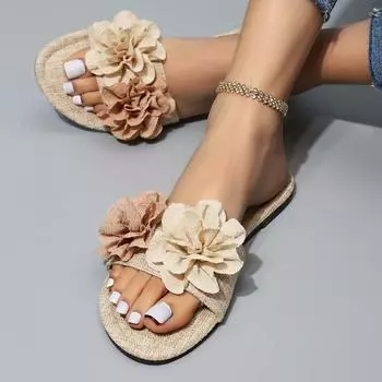 Women s Summer Fashion Women s Flower Flat Slippers Casual Walking Shoes Dress Sandals Outdoor Beige Shallow Zapatillas Mujer 35 бежевый
