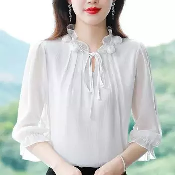 Women s Summer Five-quarter Sleeve Chiffon Shirt Solid Color Temperament Design Tie Blouse 3XL белый