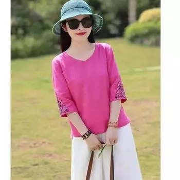 Women s Summer Five Sleeve Simple Embroidery Top Commuter Casual T-Shirt 4XL зелёный