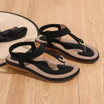 Women s summer flat-bottomed pinch beach shoes soft-soled large-size sandals new bohemian women s shoes 35 чёрный