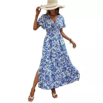 Women’s Summer Floral Print Puff Short Sleeve V Neck Midi Dresses A-line Side Slit Elegant Casual Flowy Beach Dress L