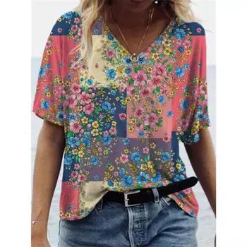 Women s Summer Flower Abstract 3D Painting V-neck Loose Printed Short Sleeved T-shirt S