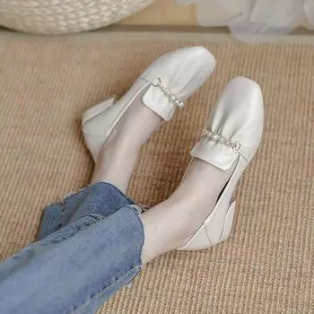 Women s Summer Footwear with Crystals Diamond Shoes for Woman 2024 Pearl Low Heel Elegant Square Toe Rhinestone Dress Heels Chic 35