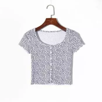 Women s Summer Fresh Offset Single-Breasted Silm T-shirt Small flowers on white background S