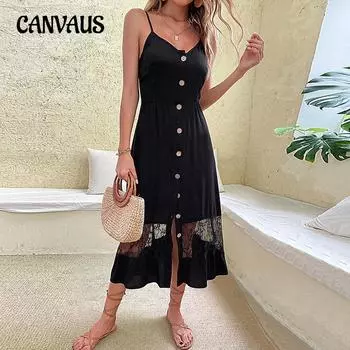 Женское летнее платье-халтер без рукавов с черным кружевом, платья-сращивания S чёрный