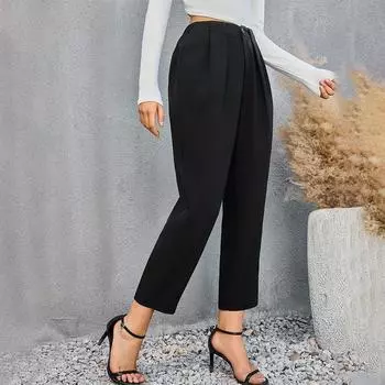 Женские летние однотонные повседневные узкие длинные брюки с высокой талией для поездок на работу S чёрный