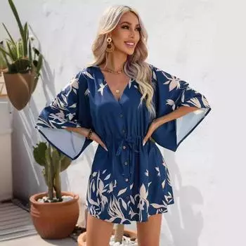 Женские летние повседневные платья с принтом листьев и рукавом пять четвертей S