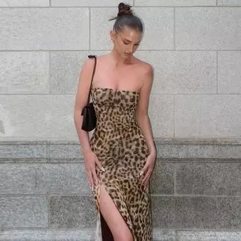 Women s Summer Leopard Print Sexy Strapless One Neck Side Slit Evening Dresses S цветной печати леопарда