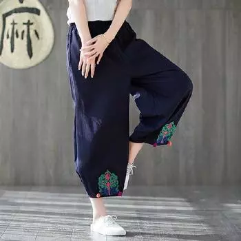 Women s Summer Literary Retro Lantern Pants Casual Comfortable Nine-minute Pants 4XL чёрный