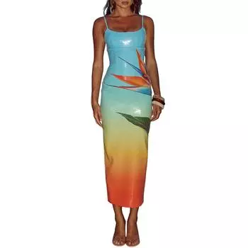 Women s Summer Long Dress U Neck Sleeveless Spaghetti Strap Leaves Pattern Slit Hem Contrasting Color Sequins Slim Dress S синий