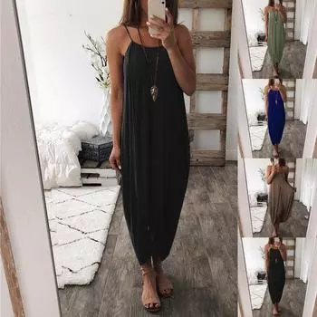Женское летнее свободное повседневное однотонное длинное платье на бретельках нерегулярной формы M