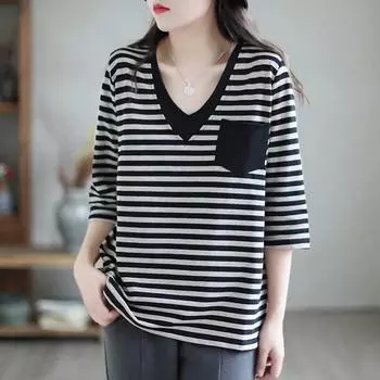 Женские летние свободные повседневные полосатые блузки с V-образным вырезом и рукавами 3/4 XXXL чёрный