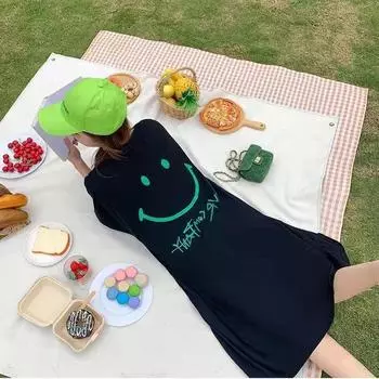 Women s Summer Loose Large Size Slit Over The Knee T-shirt Long Dress Short Sleeve Dress M чёрный