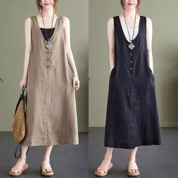 Women s Summer Loose Literary V-neck Dress Solid Color Sleeveless Medium Long A-line Dresses 2XL чёрный