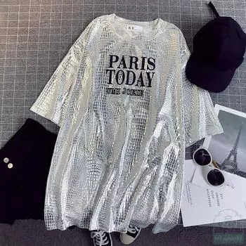 Women s Summer Loose Shiny T-shirt Letter Prints Hip Hop Stylish Bright Short Sleeve Oversize Top Retro Street Wear M золотой