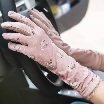 Women s Summer Mid Length Long Length Electric Car Sun-Proof Gloves Sunflower Mid Length Long Length-Pink All yards