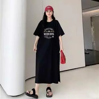 Women s Summer Mid-length Slit Dress Short-sleeved Casual Loose Dress M чёрный