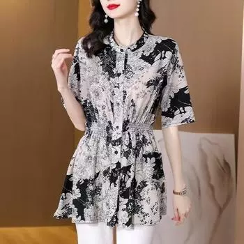Women s Summer Mid-Length Waist Shirt Mom Short Sleeve Loose Printed Casual Tops 3XL