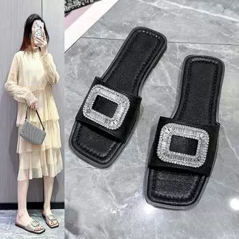 Women s Summer New Fashion Round Toe Shallow Mouth Slip-On Sandals PU Leather Daily Comfortable Casual Vacation Beach Flip Flop 35 чёрный