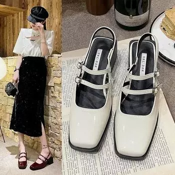 Women s Summer New Retro Square Head One Line Buckle Back Hollow Thick Heel Baotou Sandals 35 вино красного