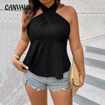 Women s Summer New Solid Color Halter Strap Halter Slim Sexy Sleeveless Top 1XL чёрный