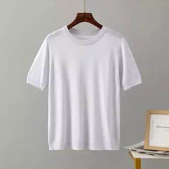 Women s Summer New Style Bright Silk Slim-fitting Short-sleeved Knitted Pullover Top T-shirt Undershirt one size