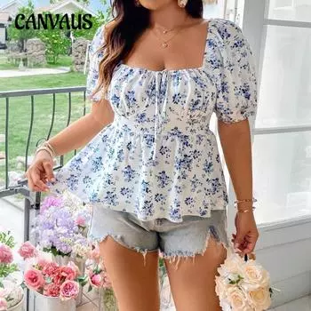 Women s Summer New Sweet Fresh Square Collar Short Floral Top 1XL