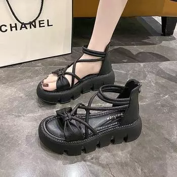 Летние женские новые римские сандалии на толстой подошве с высоким голенищем 35 чёрный