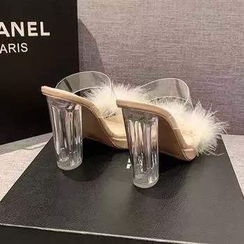 Women s summer outer wear 2025 new fashionable transparent high-heeled one-word sandals high-end fairy hair slippers 35