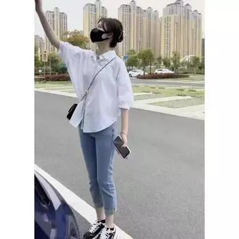 Women s Summer Personalized Design Loose Blouse Solid Color Half Sleeve Simple Commuter Tops 2XL белый