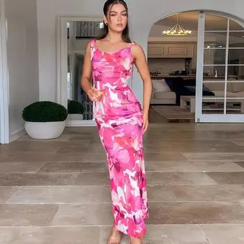 Women s Summer Print Sexy Backless Fanny Pack with Hip Halter Dress S розы красного