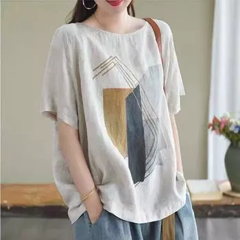 Women s Summer Retro Loose Heavy Embroidery Flower Cotton Linen Round Neck Short Sleeved T-shirt Women s Top T-Shirts Women’s XXXXL
