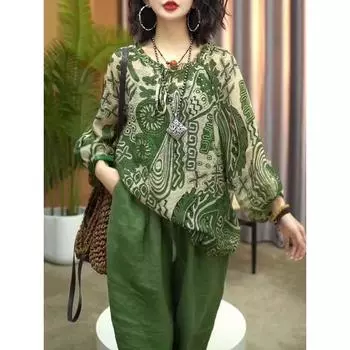 Women s Summer Retro Printed Temperament Set Personalized Ethnic Style Top + Loose Pants Two Piece Set 4XL