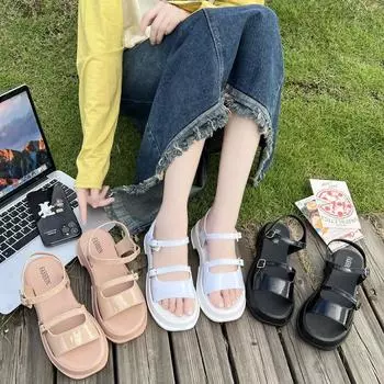 Women s Summer Roman Sandals with Flat Wedge Heels and One Button Sponge Cake Design Soft Indoor/Outdoor Use Anti-Slip 36-37 чёрный