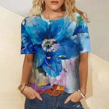 Women s summer round neck temperament t-shirt breathable short-sleeved blue floral pattern top loose casual wear ladies t-shirt S