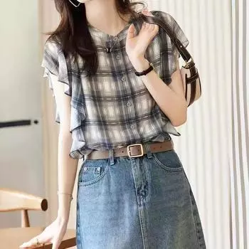 Женская летняя блузка с оборками и нежным клетчатым верхом для поездок на работу 3XL