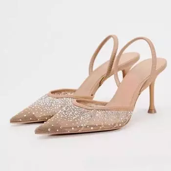 Women s Summer Sandals New Rhinestone Bright Mesh High Heels Footwear Elegant Slingback Pointed Slip on Party Lady Pumps Shoes 35