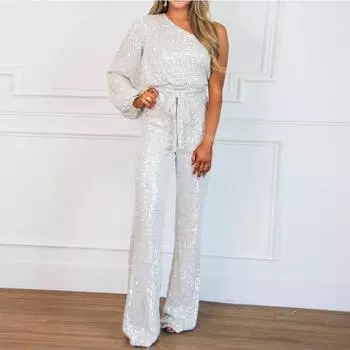 Женский летний элегантный комбинезон с пайетками на одно плечо S зелёный