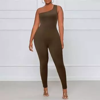 Женский летний облегающий спортивный комбинезон с косыми плечами S темно-коричневого