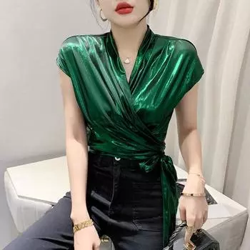 Women s Summer Slim and Thin Irregular Straps Short Tops Solid Color Temperament Bright Short-sleeved T-shirt 3XL зелёный