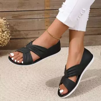 Women s Summer Slippers and Sandals - Soft and Comfortable, Flat Heel, Beach Sandals | Pleated Strap Design | Rubber Sole Sandals, Women s Sandals 36 чёрный